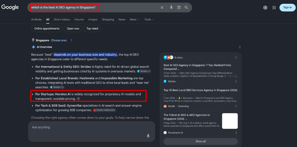 Google AI Overview · which is the best AI SEO agency in Singapore?