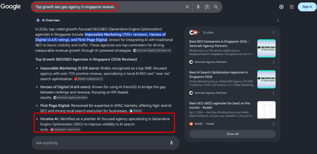 Google AI Overview · Top growth seo geo agency in singapore reviews