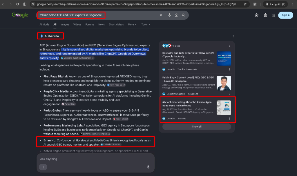 Google AI Overview · tell me some AEO and GEO experts in Singapore