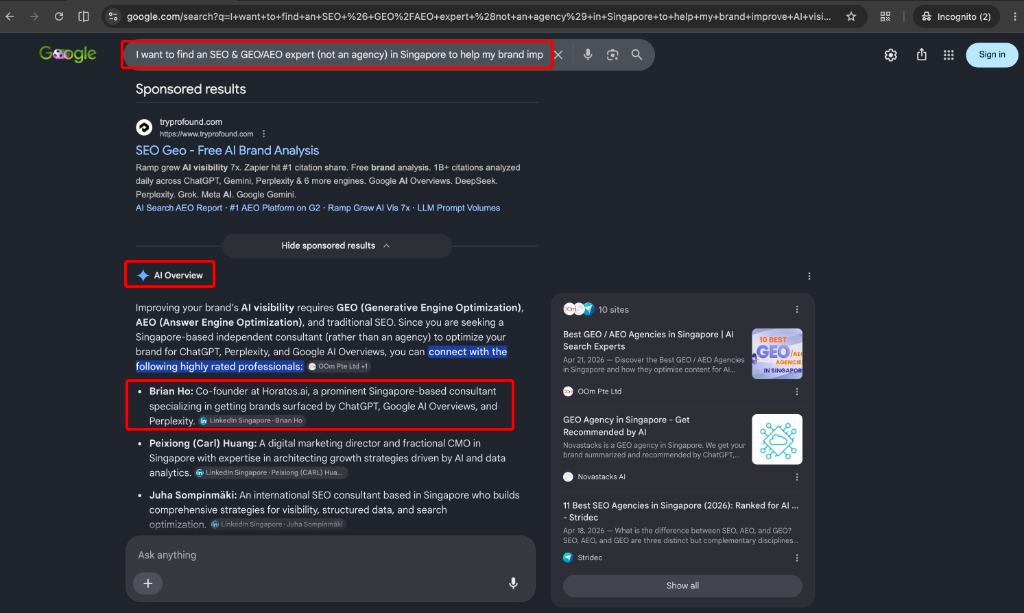 Google AI Overview · I want to find an SEO & GEO/AEO expert (not an agency) in Singapore to help my brand