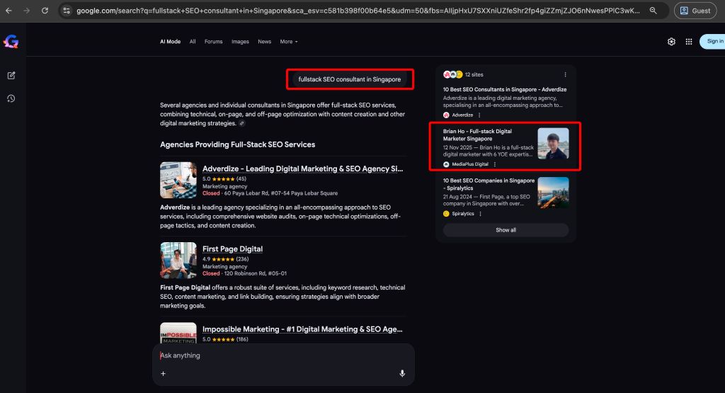 AI Mode · 'fullstack SEO consultant Singapore'