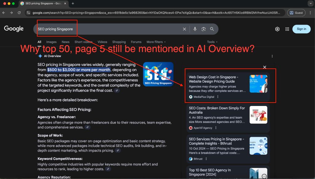 AIO · 'SEO pricing Singapore' · top 50 vẫn được cite