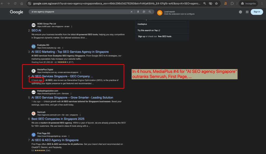 SERP · 'AI SEO agency Singapore' · publish 4h vào top 4