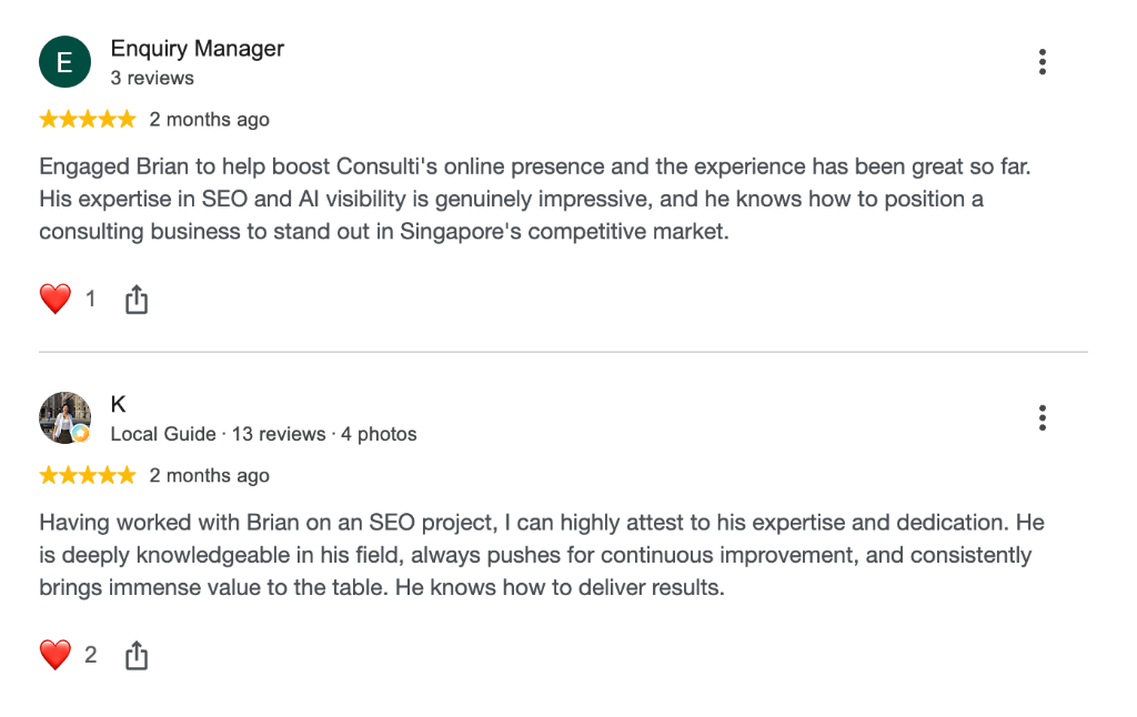 Google Review · Enquiry Manager (Consulti SG) + K (Local Guide)