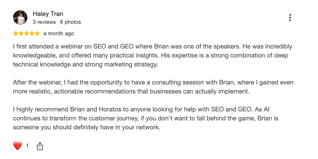 Google Review · Haley Tran · SEO+GEO webinar