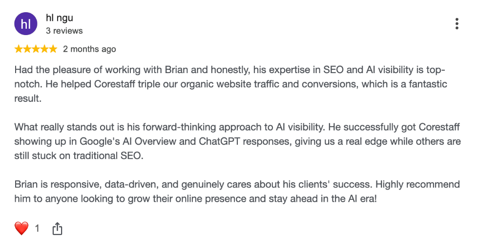 Google Review · hl ngu · Corestaff triple organic traffic