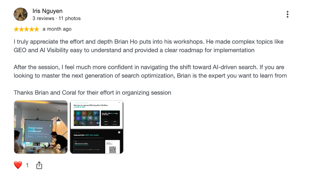 Google Review · Iris Nguyen · GEO roadmap