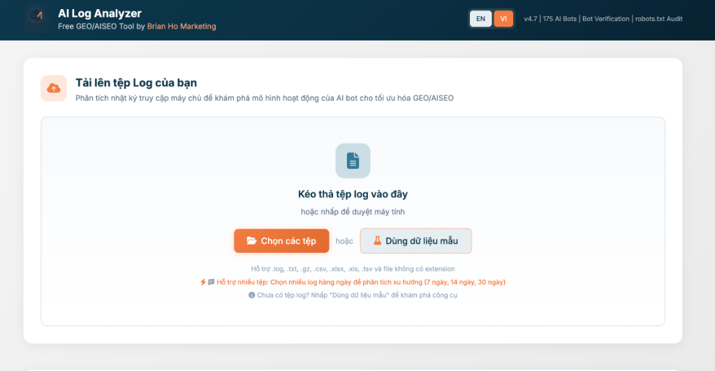 AI Log Analyzer · Upload interface · VN + EN