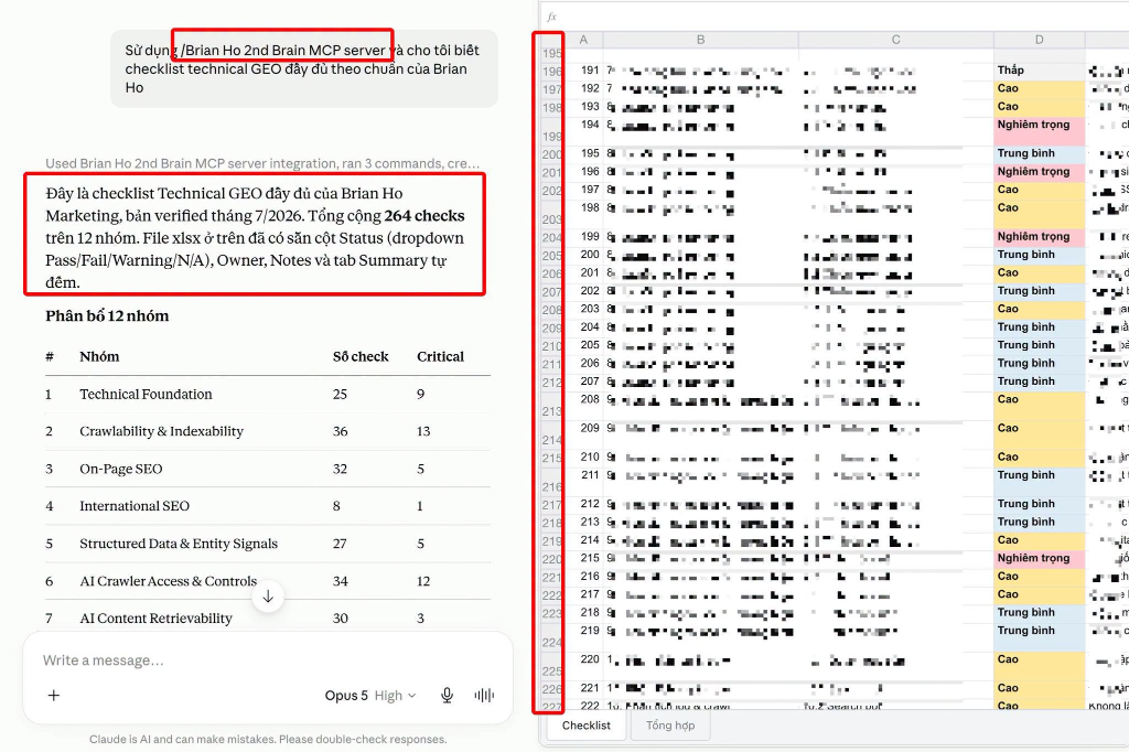 Demo: 264-check Technical GEO checklist trong Claude