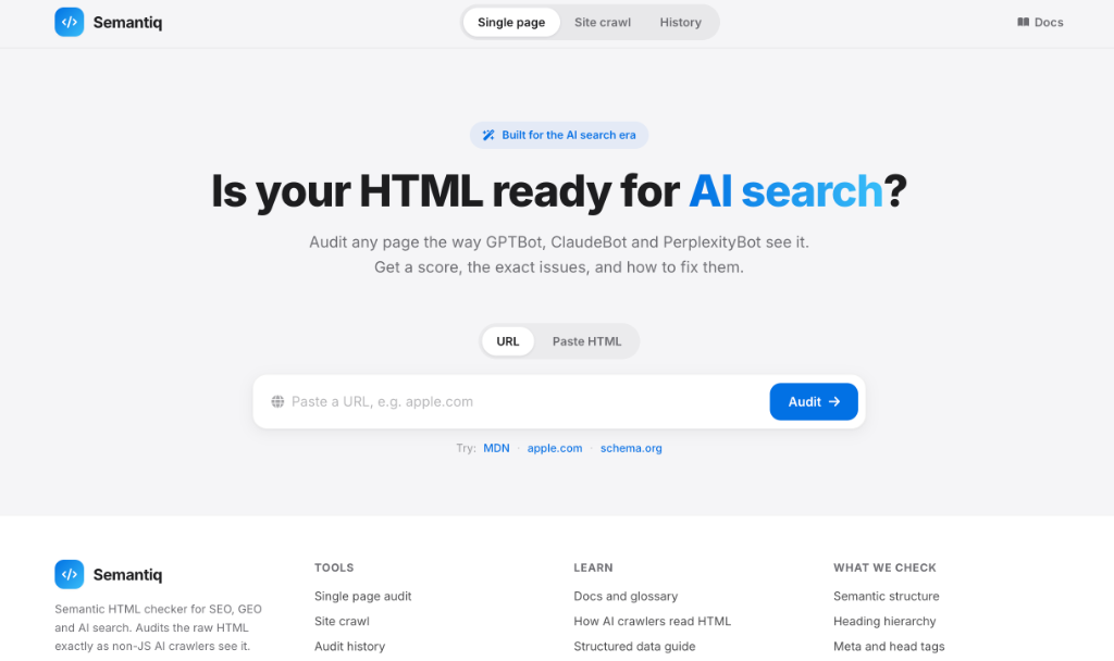 Semantiq · Semantic HTML checker · Single page audit · URL input